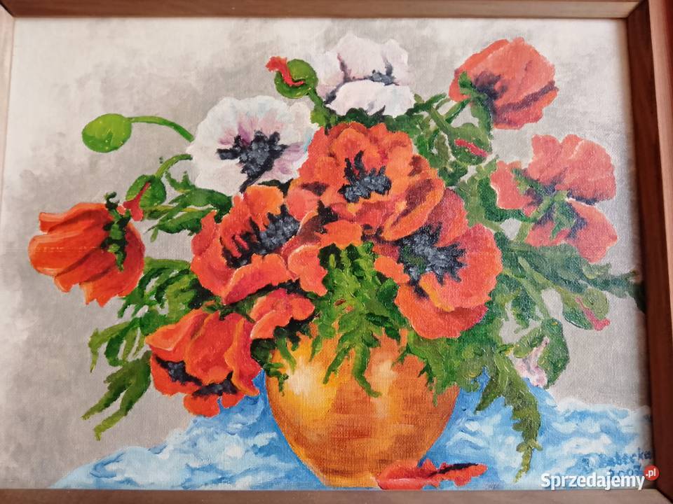 Śliczny obraz z buketem maków w drewnianej ramie Sosnowiec
