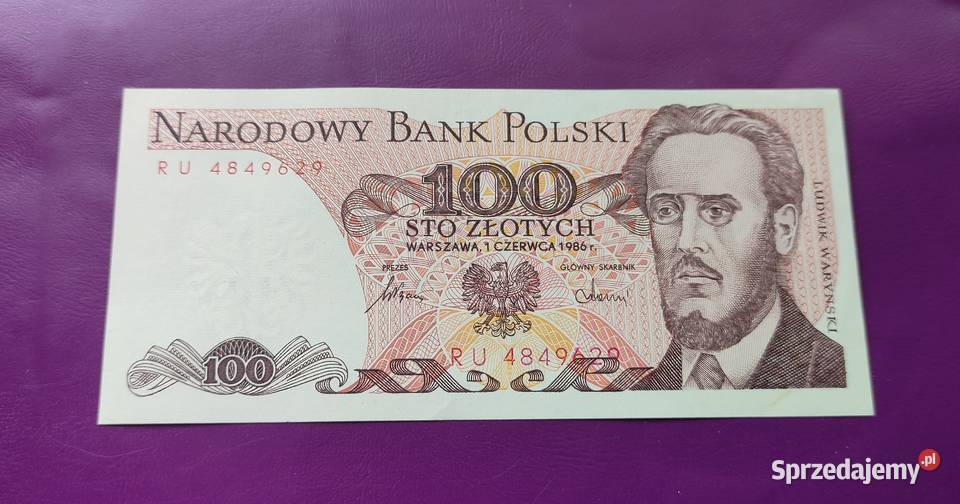 Banknot z PRLu 100 1986 stan UNC 3 Pruszków