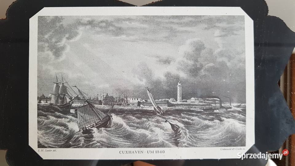 Stara grafika Cuxhaven UM 1840 w ramie z lustrem Antyki, Sztuka, Kolekcje śląskie Dąbrowa Górnicza