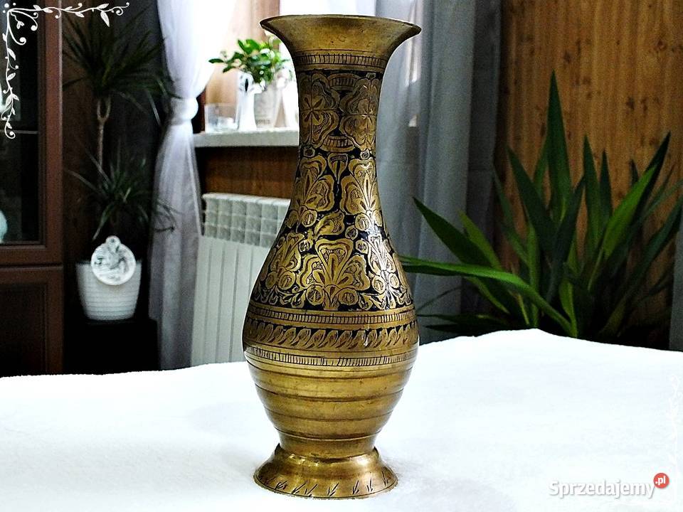 Duży stary wazon / dzban z mosiadzu , mosiądz rzeźbiony 24cm