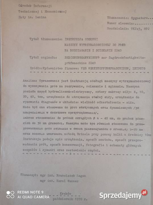 maszyna wytrzymałościowa zrywarka ZD40 Będzin