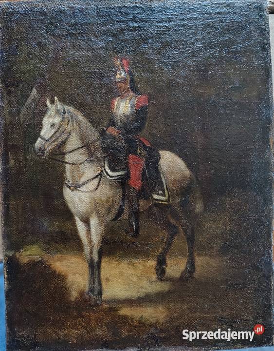 Stary obraz olejny antyk Jeździec Kartuzy