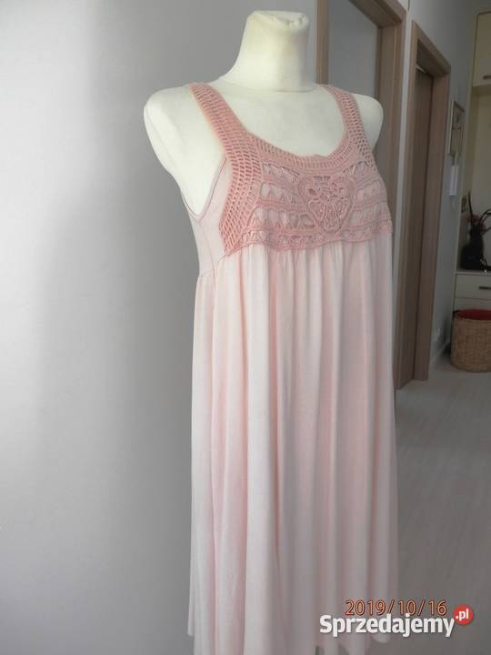 Sukienka Pudrowa Ażur Koronka Boho Przewiewna Rozmiar 38(M) Łomża