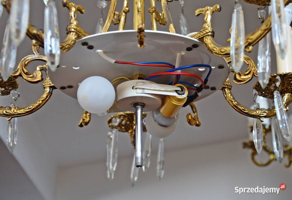 żyrandol stylowy złoty mosiądz kryształki stary Kalisz