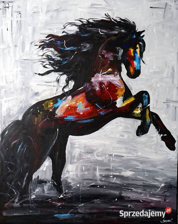 Duży obraz olejny koń w galopie ręcznie malowany abstrakcja