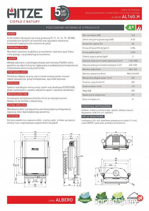 Wkład kominkowy ALBERO AL16GHD 16 KW GILOTYNA Wyczechowo sprzedam