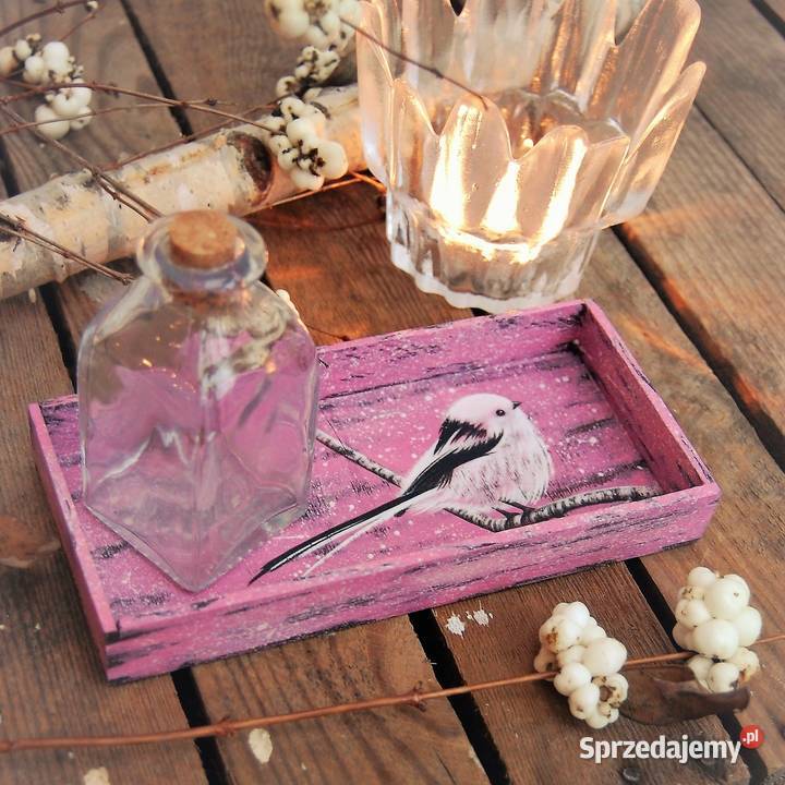 Drewniana tacka malowana ptak raniuszek