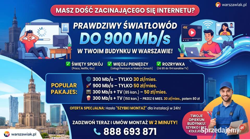 Internet Światłowodowy w Twoim bloku 30 mies Montaż urządzeń Warszawa