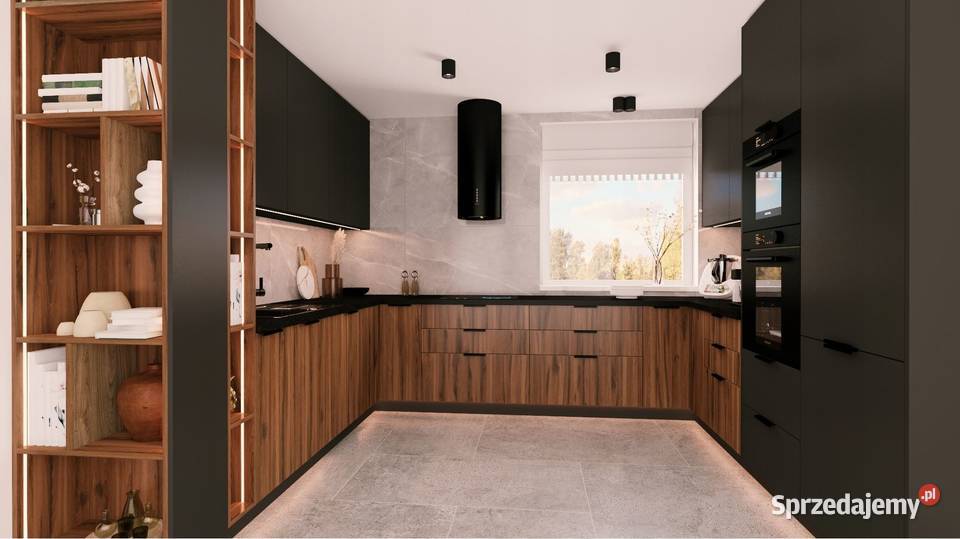 KUCHNIA CZARNY MAT Z DEKOREM DREWNA KUCHNIA