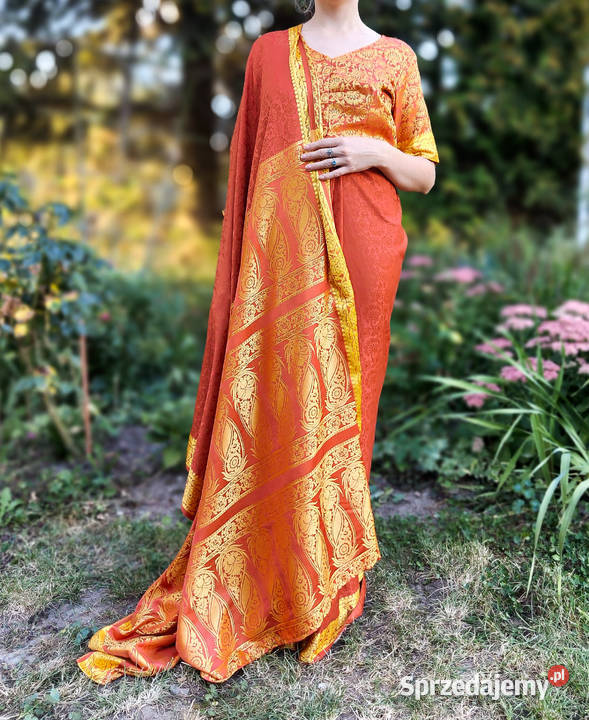 Vintage saree sari pomarańczowe paisley indyjska Rozmiar uniwersalny Szczecin