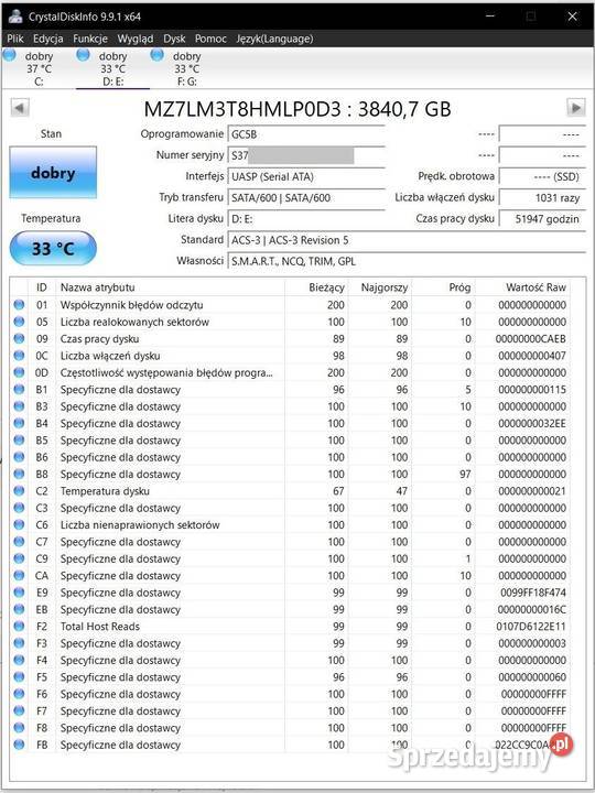 Dysk SSD Samsung PRO PM863a 384TB 3840GB 4TB BOX Samsung małopolskie