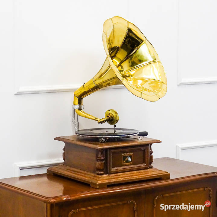 RETRO PATEFON HMV drewniana obudowa ZŁOTA TUBA Kalisz