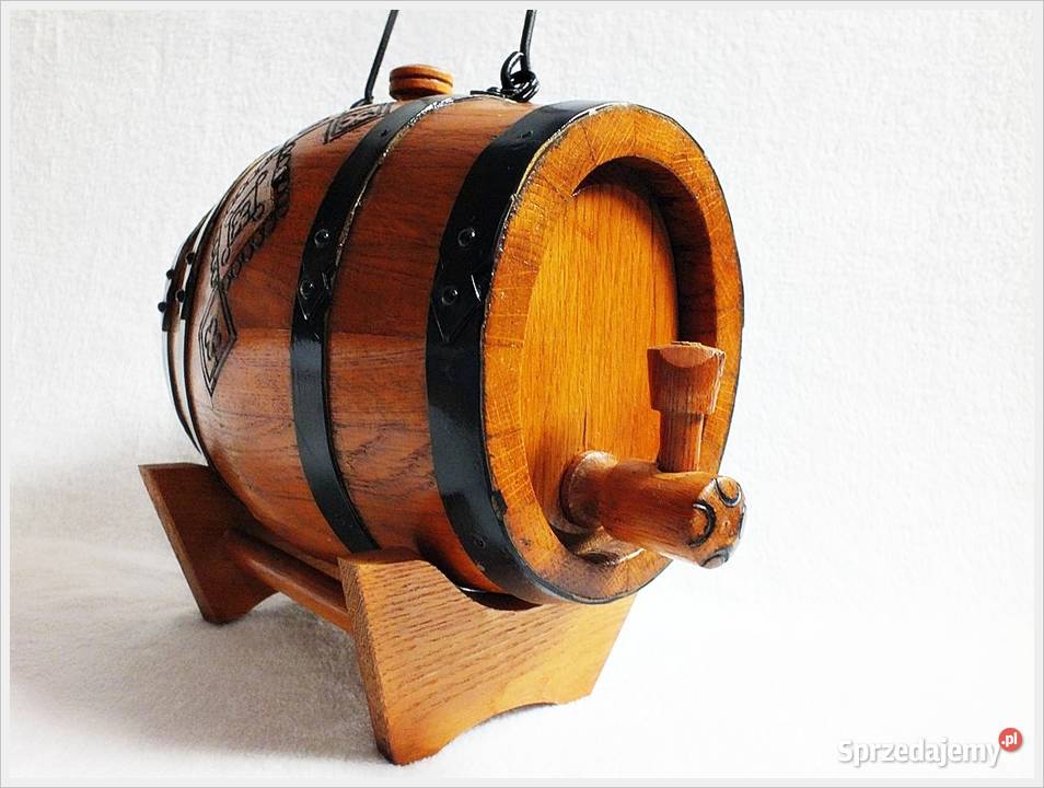 Ozdobna stara beczka drewniana na stojaku 2 Żary