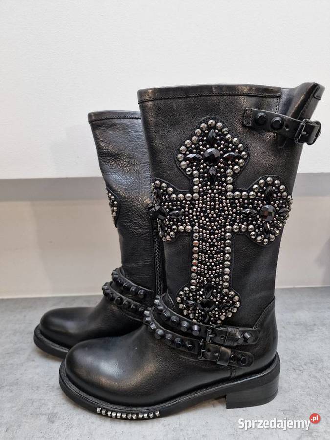 Botki Kozaki Skóra Czarne Kamienie Ćwieki 36 śląskie Żywiec