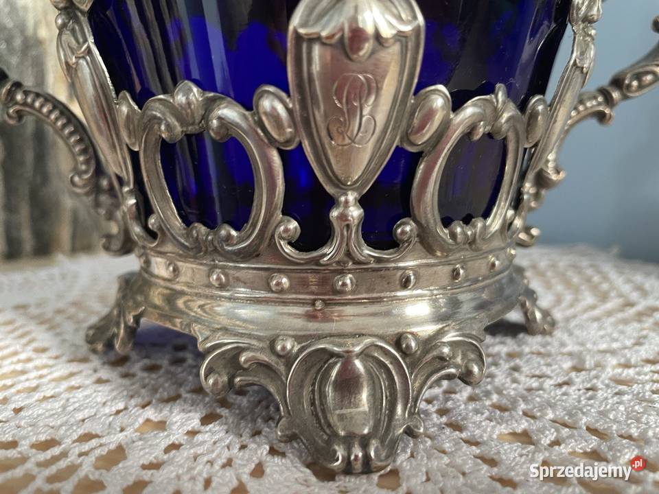 Srebro cukiernica z wkladem kobaltowym Massat Jelenia Góra