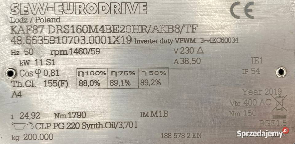 motoreduktor przekładnia 11kW 59obr HAMULEC SEW kujawsko-pomorskie Pigża sprzedam