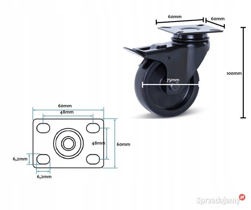 Zestaw 4 Kół Obrotowych Hamulec 75mm240 Guma Kozienice sprzedam