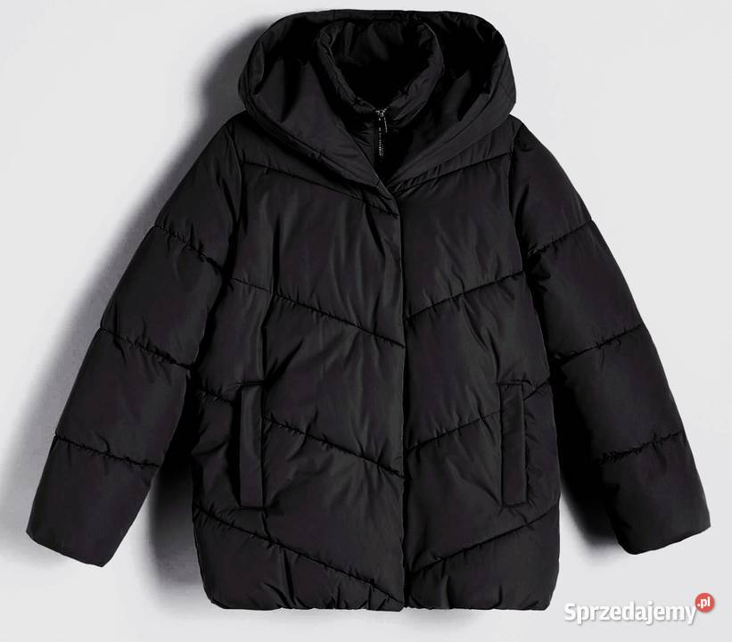 Nowa czarna puchowa kurtka z kapturem