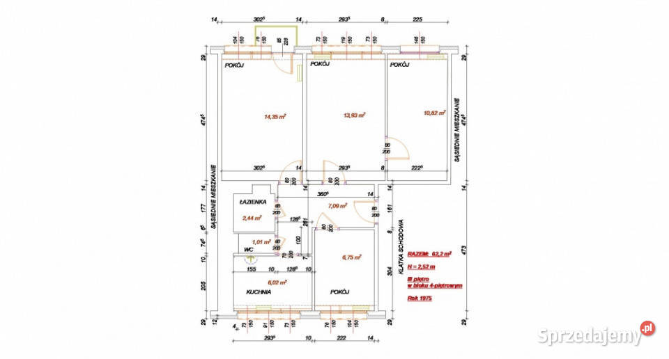 Mieszkanie na sprzedaż 62 m2 4 pokoje 3 piętro Pabianice