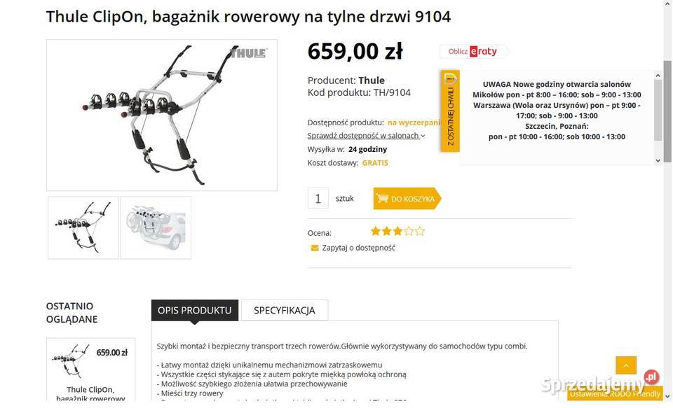Thule ClipOn 9104 świetny bagażnik na 3 rowery Sopot
