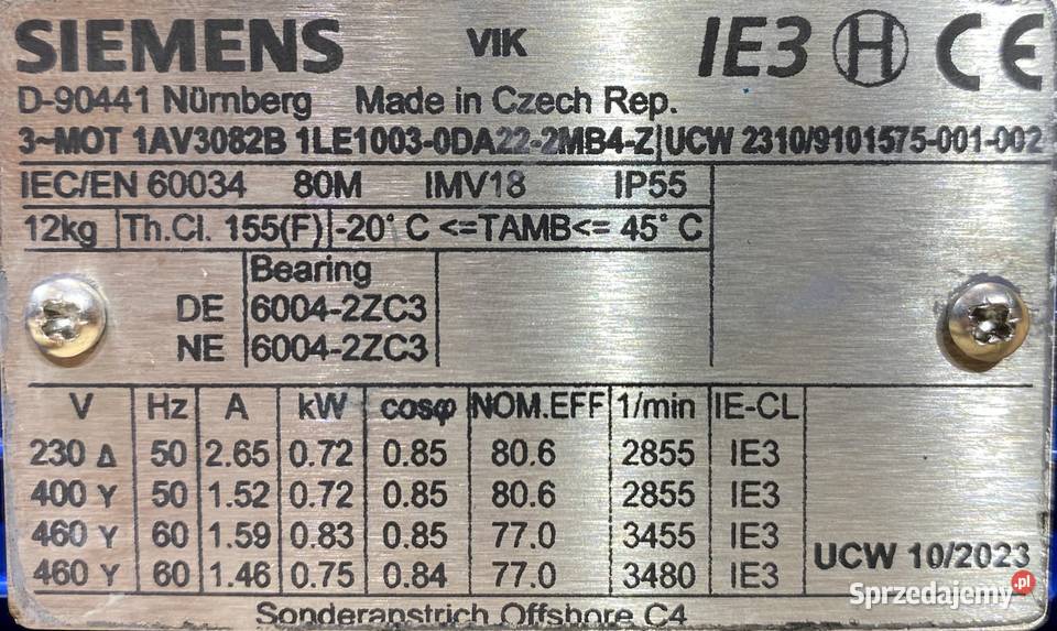 silnik elektryczny 072kW 2855obr 3fazowy SIEMENS Silniki kujawsko-pomorskie Pigża