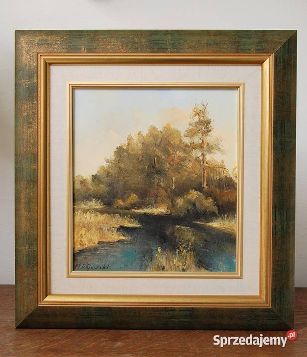 Pejzaż las rzeka obraz olejny malowany M Lublin