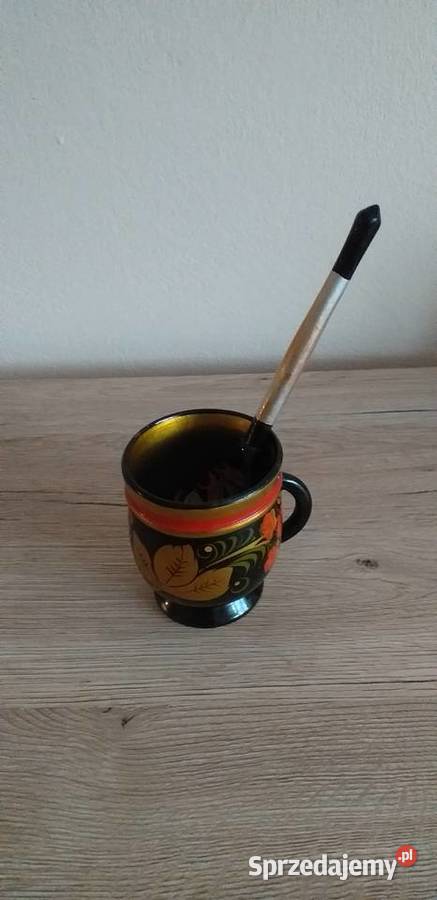 Rosyjski kubek z łyżką prl Porcelana i szkło Przedbórz