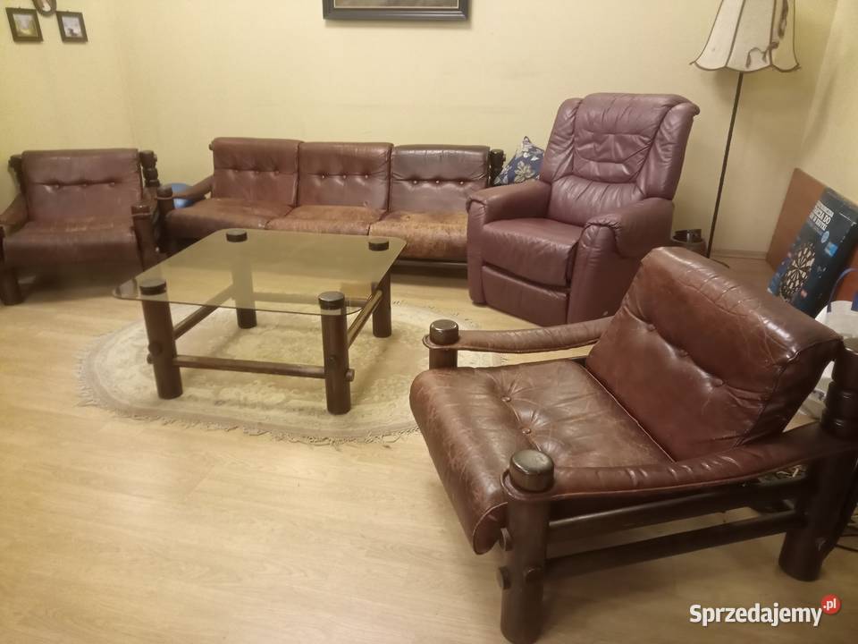 Trzy fotele skórzane kanapa skórzana stolik Łódź
