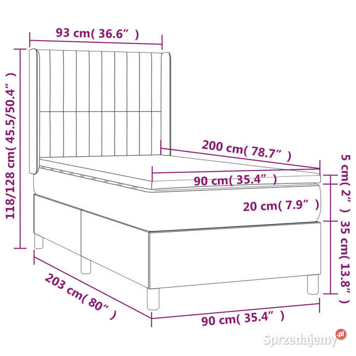 Łóżko kontynentalne z materacem i LED szary 93cm