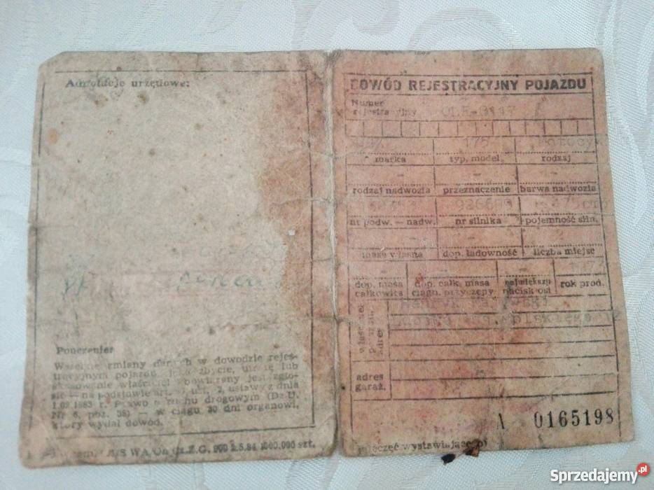 Dowód rejestracyjny pojazdu wsk 175 Baruchowo