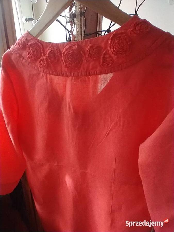 Lniana koralowa sukienka tunika z aplikacją Łódź