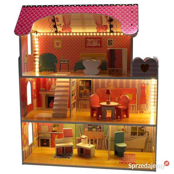 Domek lalek drewniany mebelki oświetlenie LED 3 lata+ Łopuszno sprzedam