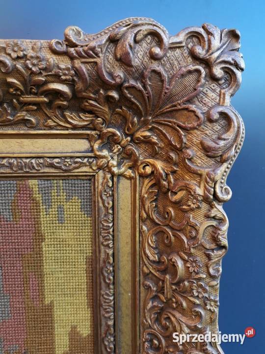 Stary obraz gobelin w pięknej rzeźbionej ramie dolnośląskie Wałbrzych