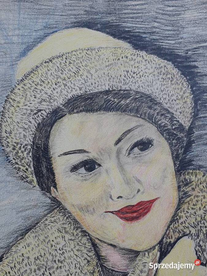 Stary obraz rysunek portret na arkuszu lata 5060 Cieszyn