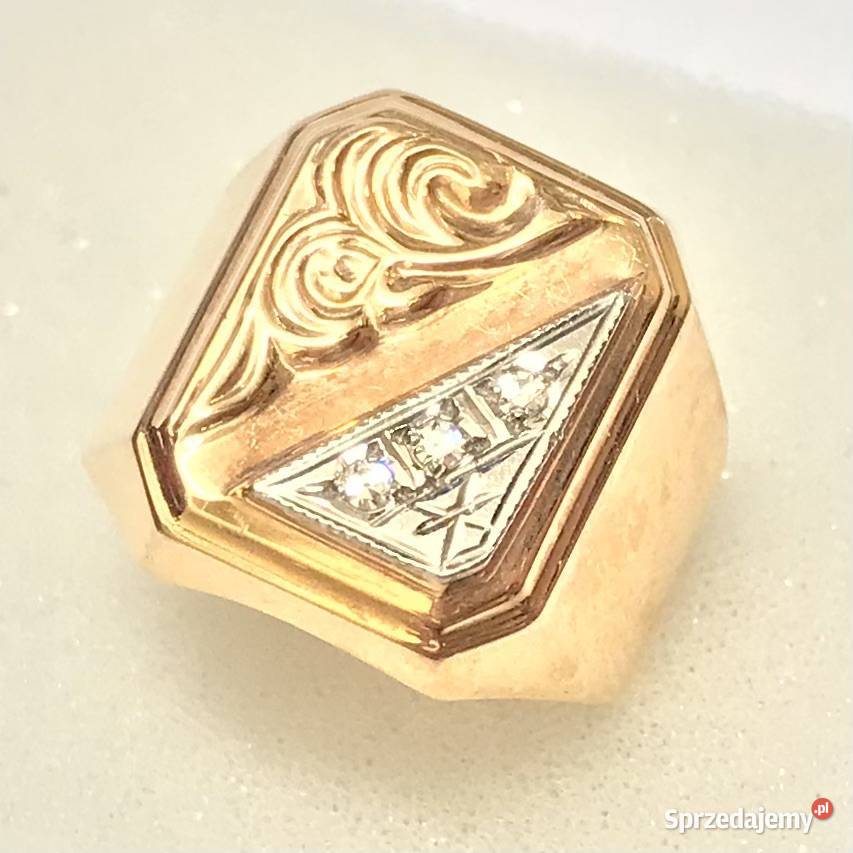 Złoty sygnet 585 14K Retro z diamentami 01ct Art Warszawa