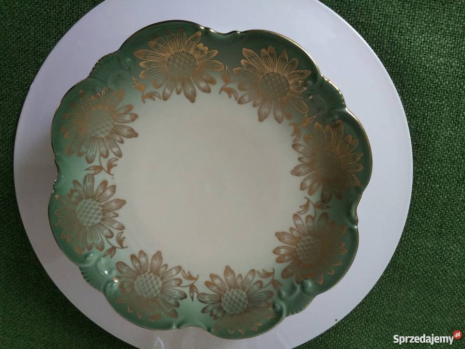 Złocona zielona paterka talerzyk porcelana Ropa