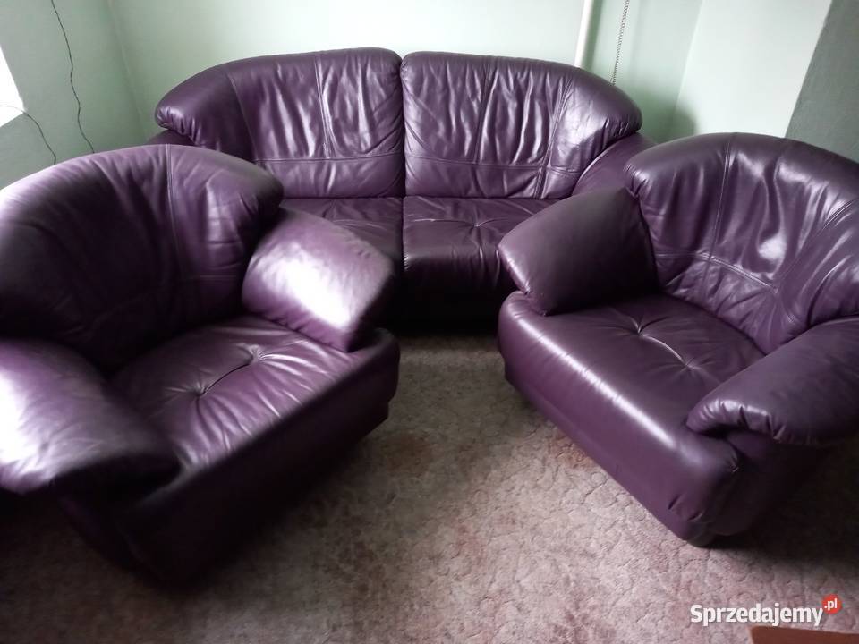 Sofa i dwa fotele skórzane fioletowe Komplety wypoczynkowe