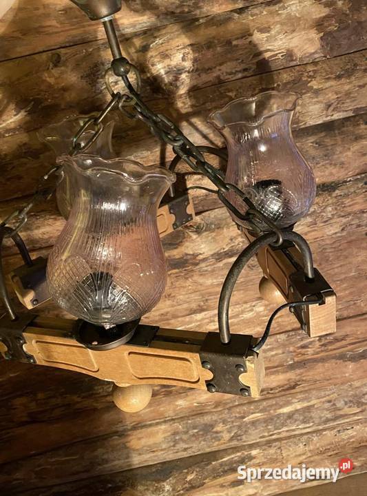 Lampa żyrandol drewniany z łańcuchem miedziana Szczecinek