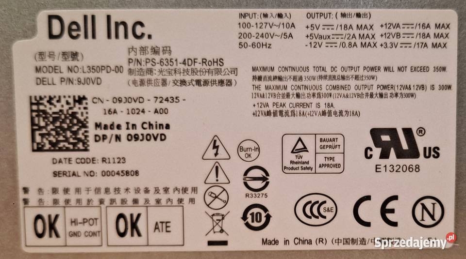 Zasilacz Dell L350PD00 Ilość wentylatorów 1 Cieszyn