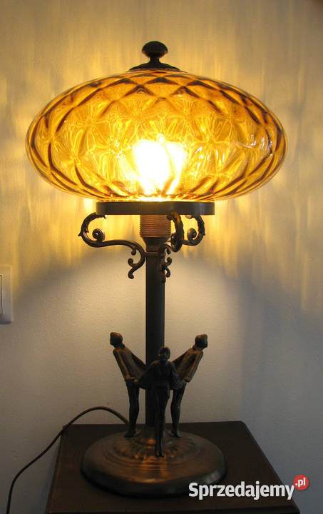 Mosiężna Lampa stołowa miodowy klosz Cielądz