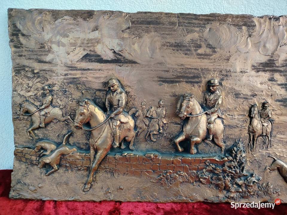 Duza piękna płaskorzeźba polowanie konie małopolskie Kęty