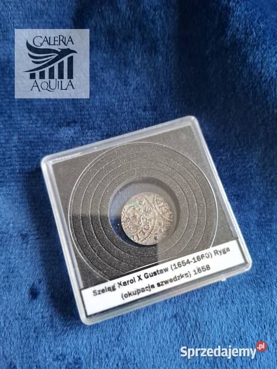 Szeląg miejski Karol X Gustaw Ryga 1658 okupacja Numizmatyka Wejherowo
