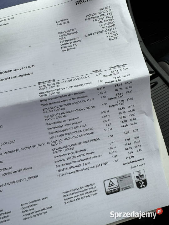 Honda Civic Civic UFO 18 Uwaga 94 Serwis ASO 1800cm3