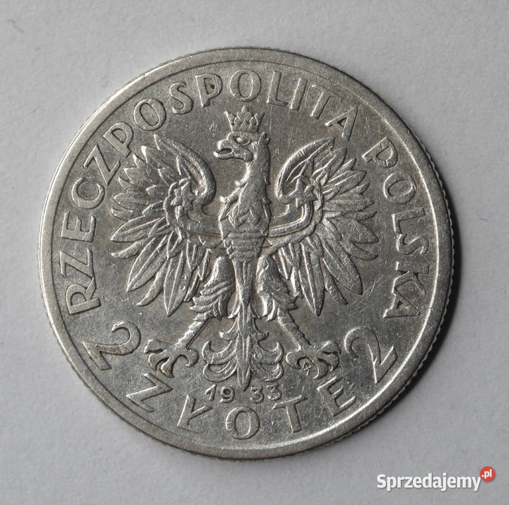 Moneta 2 1933 r Głowa kobiety Srebro Włocławek