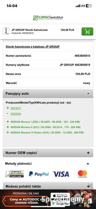 Klocki hamulcowe Nissan Murano Infiniti Warszawa