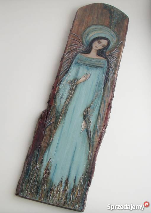 Anioł miętowo złoty rustykalny malowany na desce Słupsk