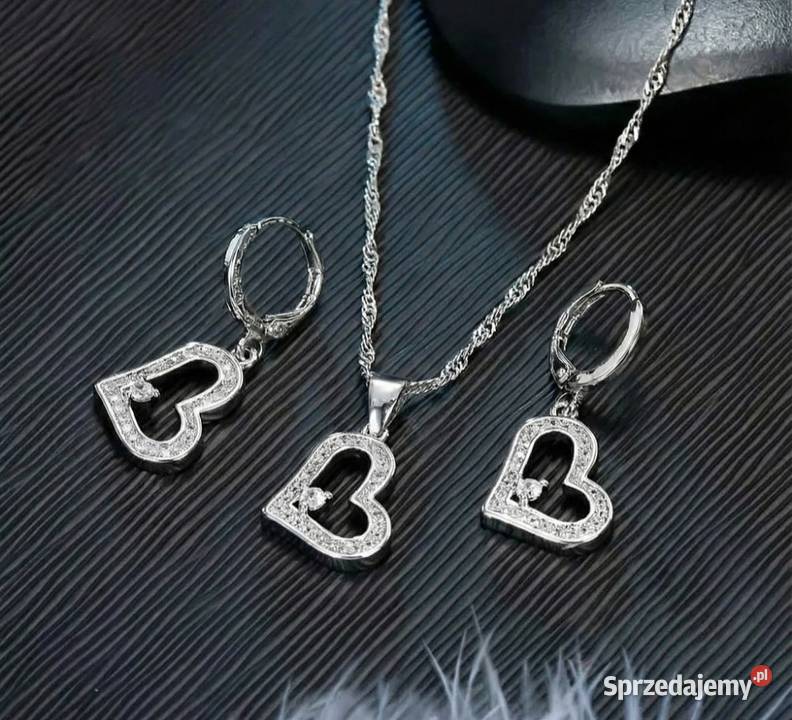 Komplet biżuterii serca naszyjnik kolczyki posrebrzane