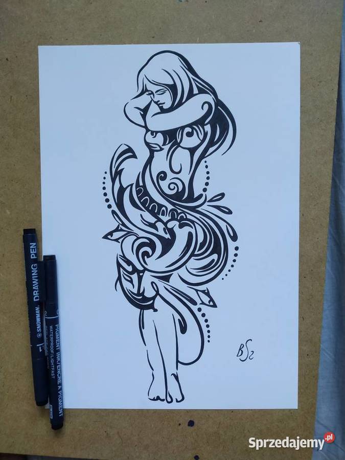Rysunek w sukni z fal cienkopis blok t A4 250 Warszawa sprzedam