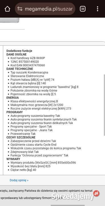 Suszarka Whirlpool AZB 8690P wolnostojące Pieńki sprzedam