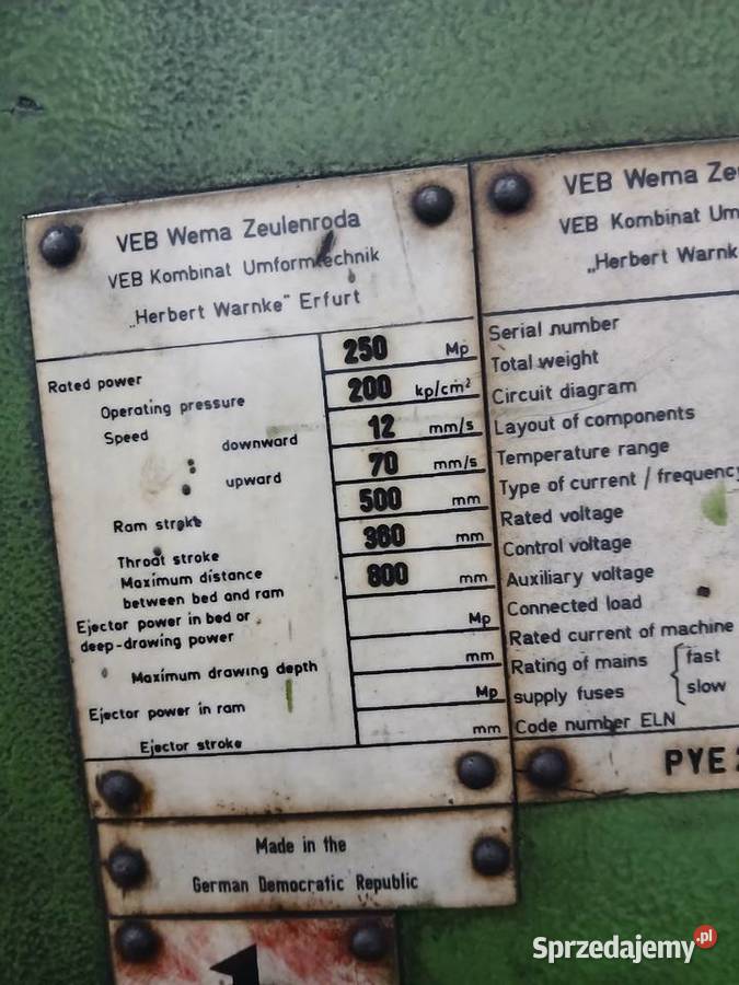 Do sprzedania prasa hydrauliczna PYE 250N Produkcja Chochołów